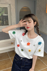 Short Sleeve 3D Flowers Pattern Embroidered Shirt